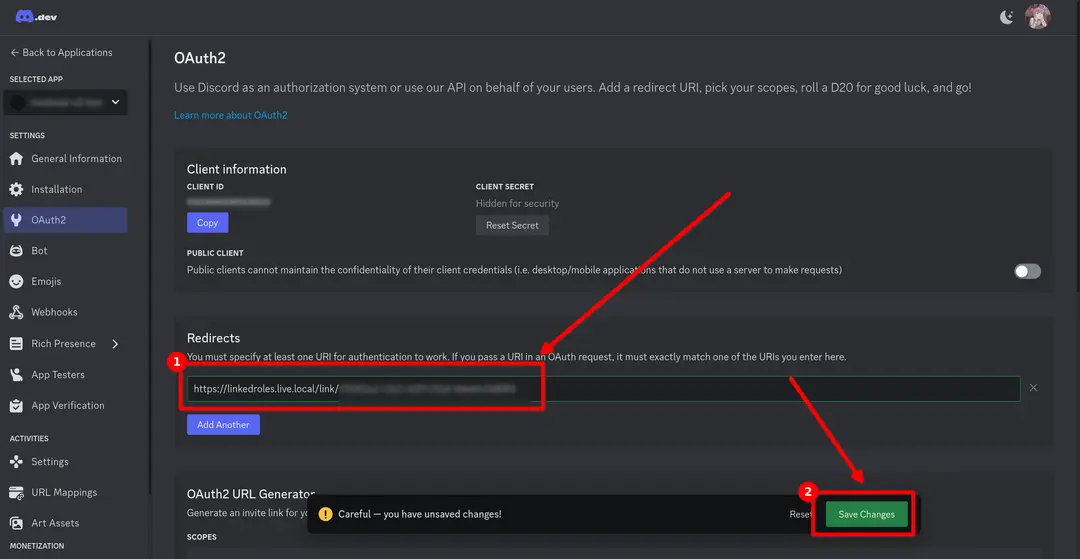 This screenshot shows where to paste the copied redirect URL